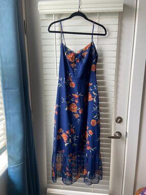 Wedding Guest Dress - navy blue with orange florals
